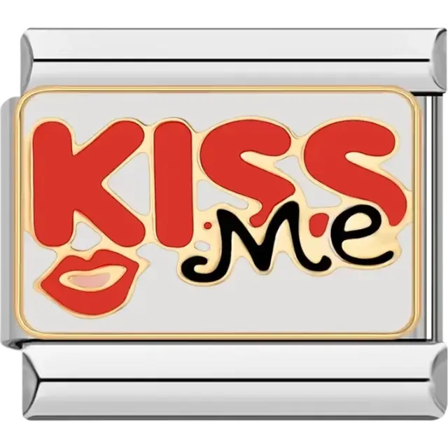 Red and black "Kiss Me" text and red lips on a white and gold-accented background Italian charm bracelet link