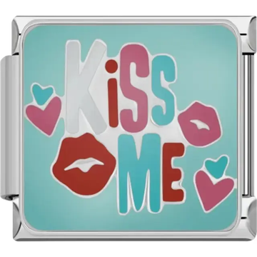 Playful "KISS ME" text with pink hearts and lips design on a blue background Italian charm bracelet link