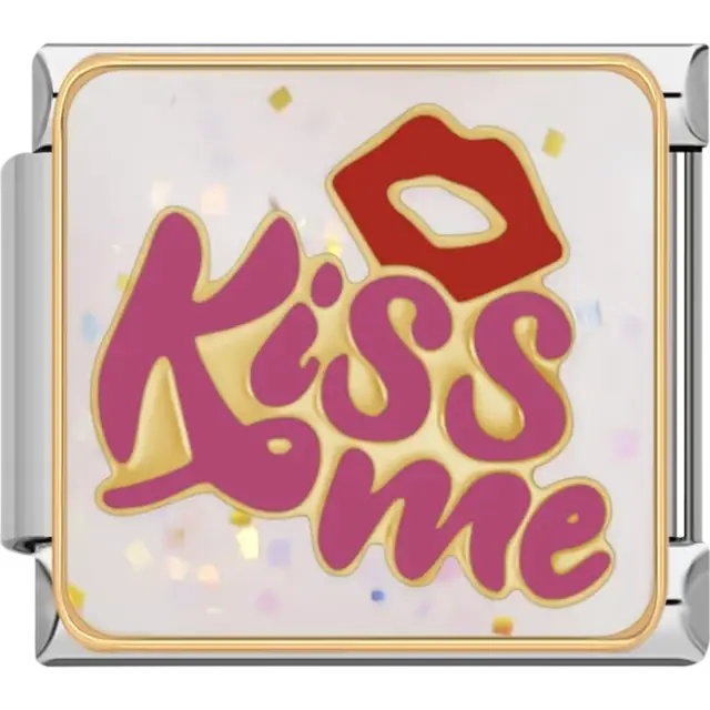 Pink and gold "Kiss Me" text with red lips icon Italian charm bracelet link