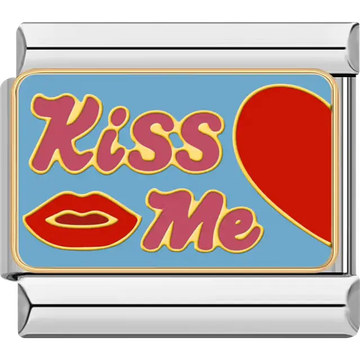 Red heart with pink "Kiss Me" text and red lips design on blue background Italian charm bracelet link