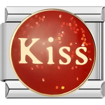 Gold "Kiss" text on a red glitter background with circular gold border Italian charm bracelet link