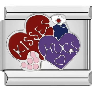 Red and purple hearts design with “Kisses” and “Hugs” text and a pink paw print Italian charm bracelet link
