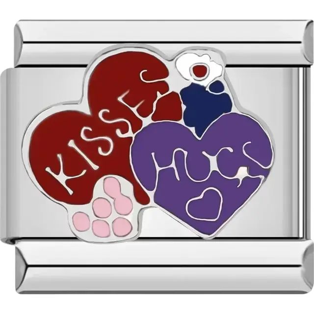 Red and purple hearts design with “Kisses” and “Hugs” text and a pink paw print Italian charm bracelet link