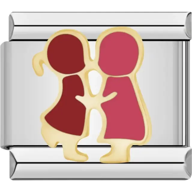 Silhouettes of a kissing couple in pink and red with gold outlines Italian charm bracelet link