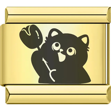 Black cat holding tulip flower Italian charm bracelet link