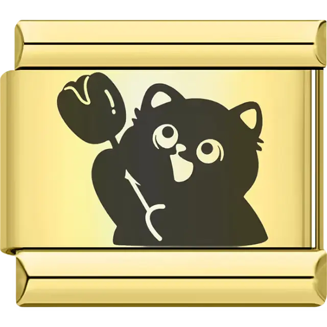 Black cat holding tulip flower Italian charm bracelet link