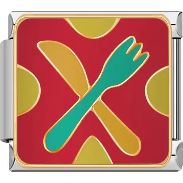 Gold knife and green fork crossed on a red background with gold accents Italian charm bracelet link