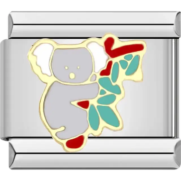 Koala design with gray fur red accents and green leaves Italian charm bracelet link