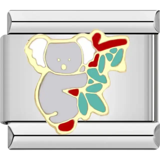 Koala design with gray fur red accents and green leaves Italian charm bracelet link