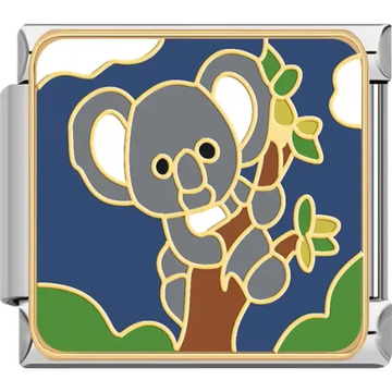 Gray koala climbing a brown tree with green leaves against a blue sky with white clouds Italian charm bracelet link