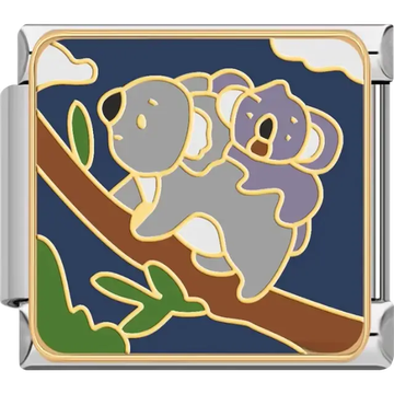 Gray koala carrying a baby on a brown branch with green leaves and blue sky Italian charm bracelet link