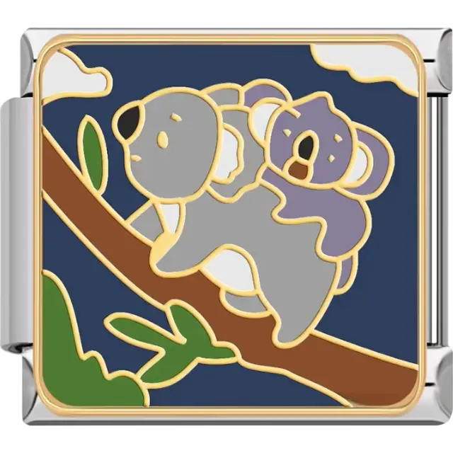Gray koala carrying a baby on a brown branch with green leaves and blue sky Italian charm bracelet link