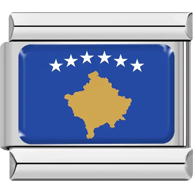 Blue background six white stars gold map outline Kosovo flag Italian charm bracelet link