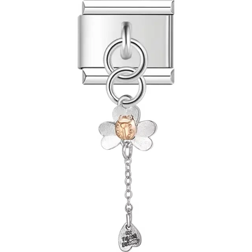 Clover with rose-tone ladybug and dangling charm detail Italian charm bracelet link