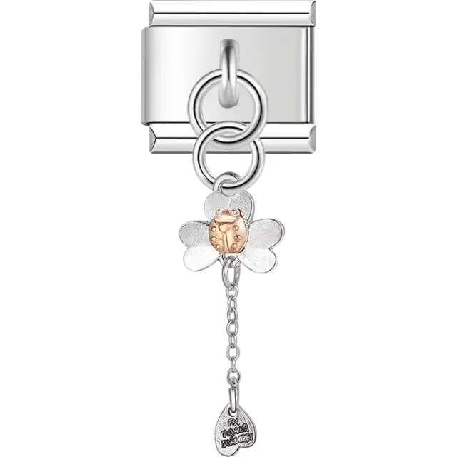 Clover with rose-tone ladybug and dangling charm detail Italian charm bracelet link