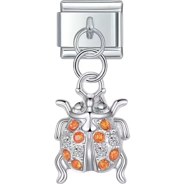 Ladybug with orange and clear gemstones Italian charm bracelet link