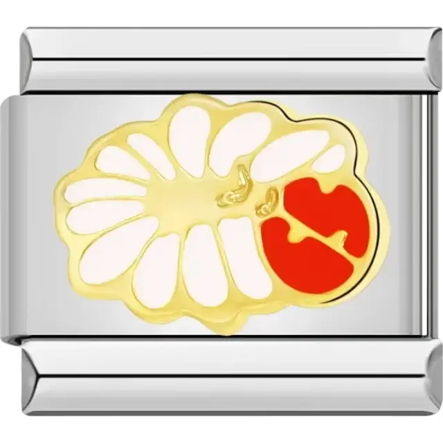 Gold flower design with a red ladybug accent Italian charm bracelet link