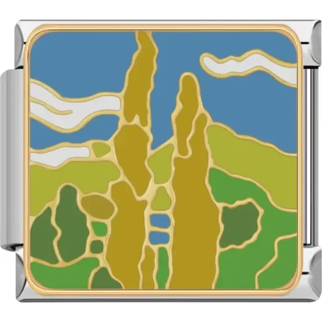 Depiction of tall golden trees with green hills and a blue sky background Italian charm bracelet link