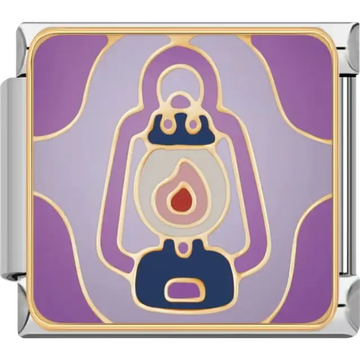 Gold lantern with orange flame and blue base on a purple background Italian charm bracelet link