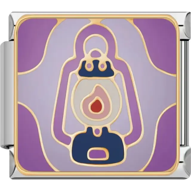 Gold lantern with orange flame and blue base on a purple background Italian charm bracelet link