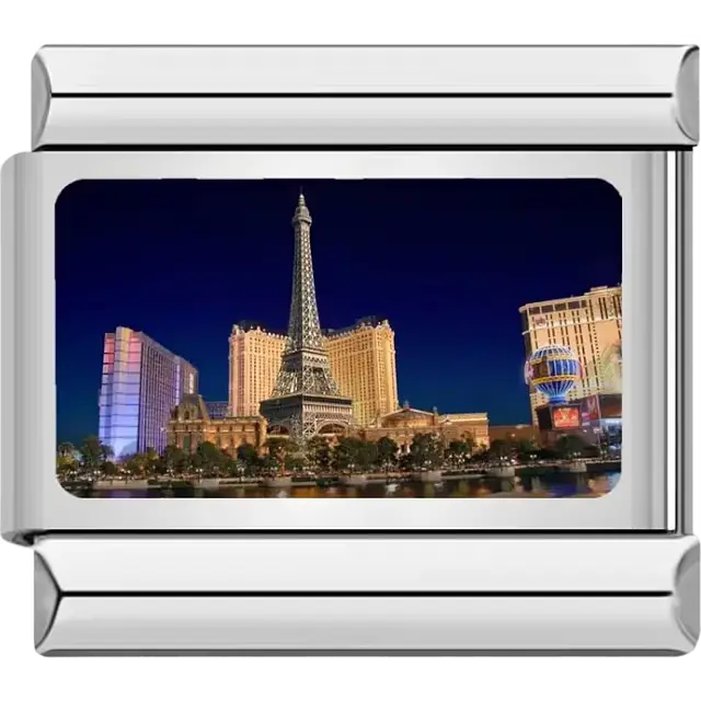 Las Vegas Strip skyline with Eiffel Tower replica at night Italian charm bracelet link