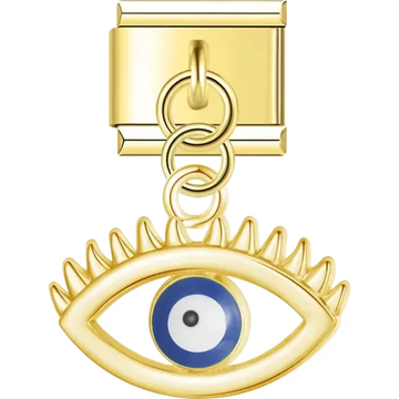Gold dangling eye-shaped design featuring a blue evil eye and detailed eyelash accents Italian charm bracelet link