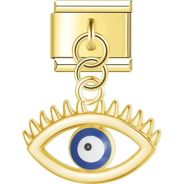 Gold dangling eye-shaped design featuring a blue evil eye and detailed eyelash accents Italian charm bracelet link