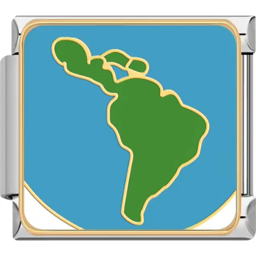 Green map of South America with gold outline on a blue background Italian charm bracelet link