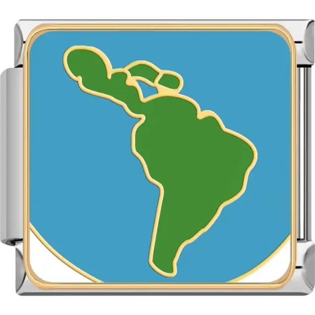 Green map of South America with gold outline on a blue background Italian charm bracelet link