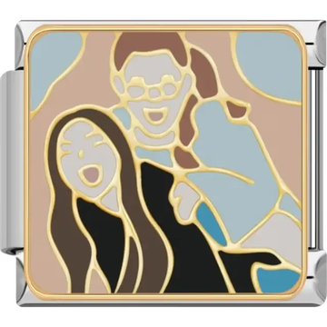 Two friends laughing with gold outlines and a light blue and beige background Italian charm bracelet link