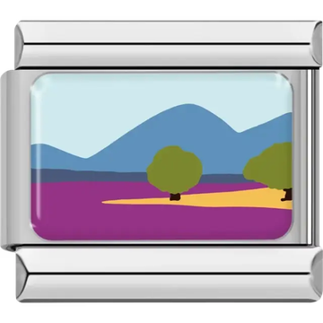 Landscape with purple lavender fields green trees and blue mountains Italian charm bracelet link