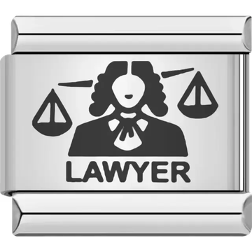 Black lawyer figure with traditional wig and scales of justice above bold "LAWYER" text Italian charm bracelet link