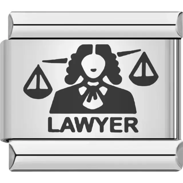 Black lawyer figure with traditional wig and scales of justice above bold "LAWYER" text Italian charm bracelet link