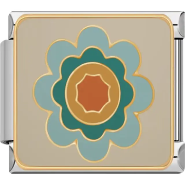 Teal orange and gold layered flower design with a beige background Italian charm bracelet link