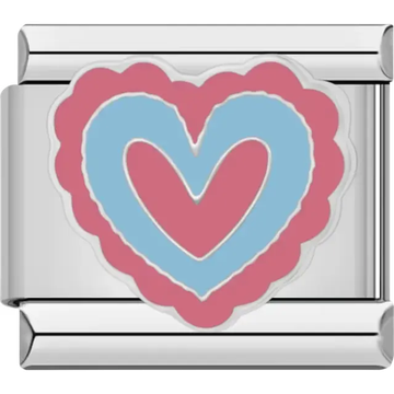 Pink and blue layered heart with scalloped edges Italian charm bracelet link