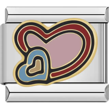 Layered hearts in pink blue red and gold with black outlines Italian charm bracelet link