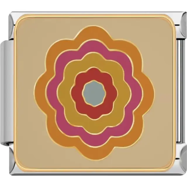 Multicolor retro-inspired layered flower design in orange, pink, red, and teal with gold outlines on a beige background Italian charm bracelet link