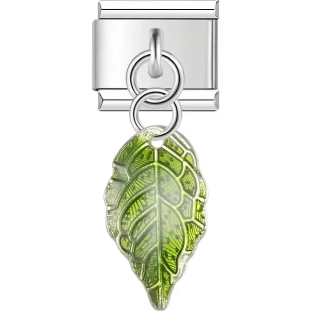 Green leaf design with detailed textures and dangling accent Italian charm bracelet link