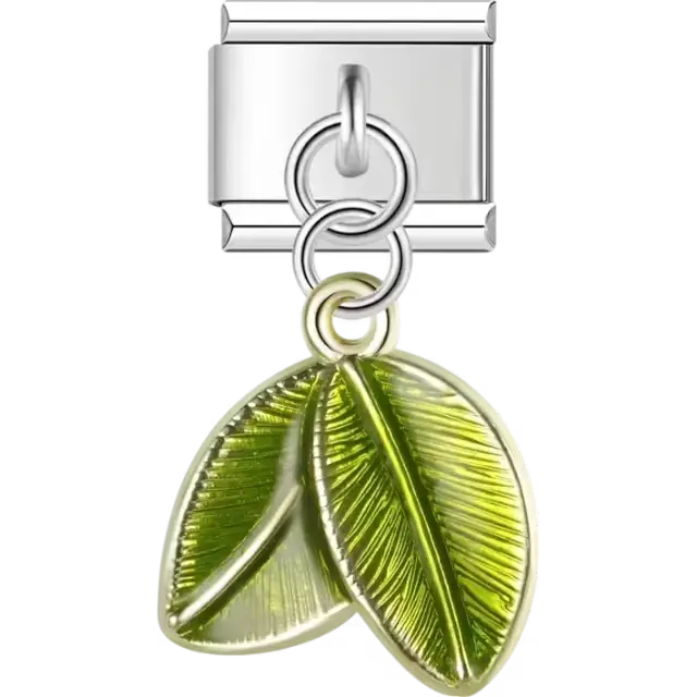 Green double-leaf design with textured details Italian charm bracelet link