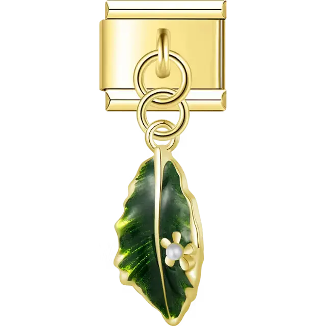 Green leaf with pearl accent dangle Italian charm bracelet link