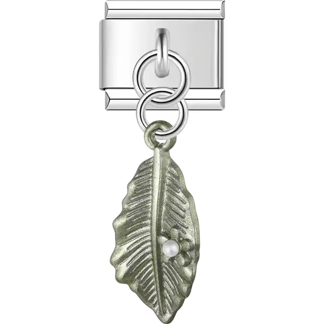 Green leaf with pearl accent dangle Italian charm bracelet link