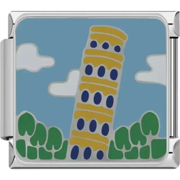 Blue charm featuring the Leaning Tower of Pisa with green trees and clouds Italian charm bracelet link