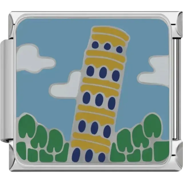 Blue charm featuring the Leaning Tower of Pisa with green trees and clouds Italian charm bracelet link