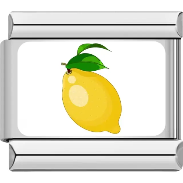 Yellow lemon with two green leaves and a brown stem on a white background Italian charm bracelet link