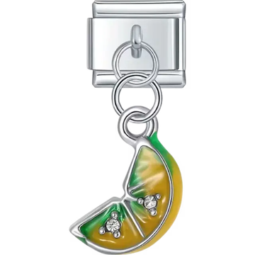 Dangle featuring a yellow and green lemon slice with crystal accents Italian charm bracelet link