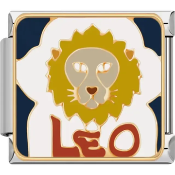 Leo zodiac symbol with a bold lion design and red lettering on a white and blue background Italian charm bracelet link