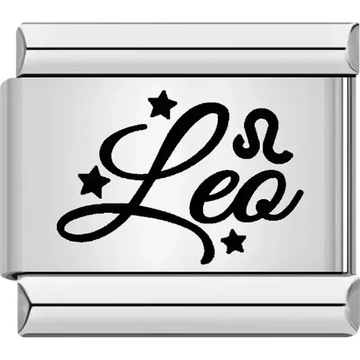 Black "Leo" text with Leo symbol and star accents Italian charm bracelet link