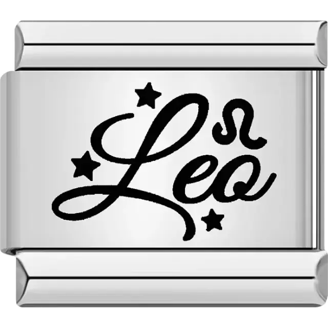 Black "Leo" text with Leo symbol and star accents Italian charm bracelet link
