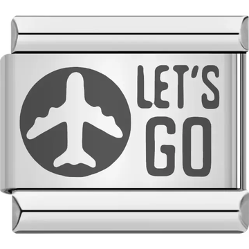 Airplane inside a circle with "Let's Go" text in bold black lettering Italian charm bracelet link