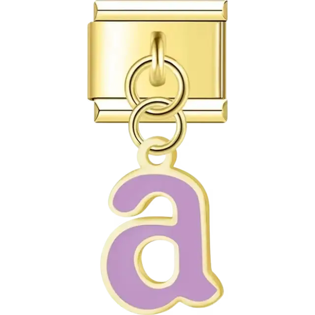 Dangling purple letter "A" Italian charm bracelet link